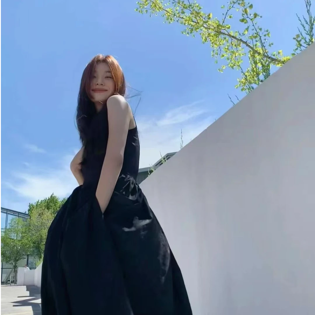 吊带长裙拼接A字裙见详情连衣裙潮流夏季单肩黑色