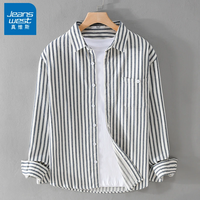 真维斯秋季纯棉条纹衬衫男士复古日系长袖衬衣宽松百搭休闲外套男