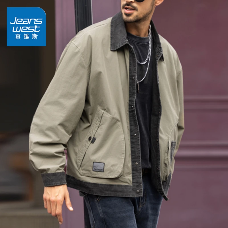 真维斯秋季时尚宽松版休闲外套男百搭拼接美式潮牌痞帅秋冬款夹克