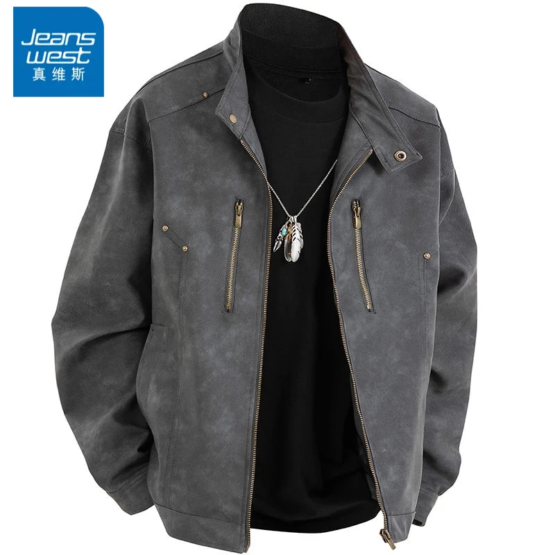 真维斯外套男春秋款高档时尚立领皮夹克纯色大码宽松皮衣男装上衣