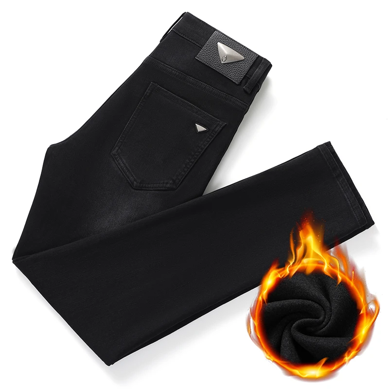 加绒加厚冬季牛仔裤男直筒弹力秋冬款修身男士休闲高端厚款长裤子