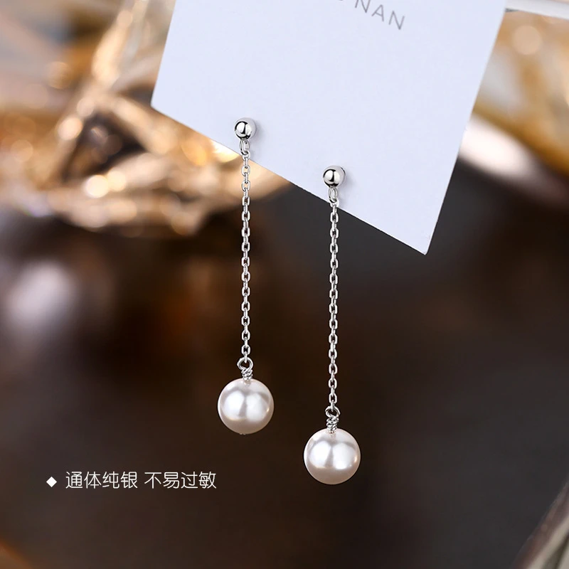 925银耳饰 925银珠珠长款耳线简约显脸瘦小众流苏气质手工耳环女