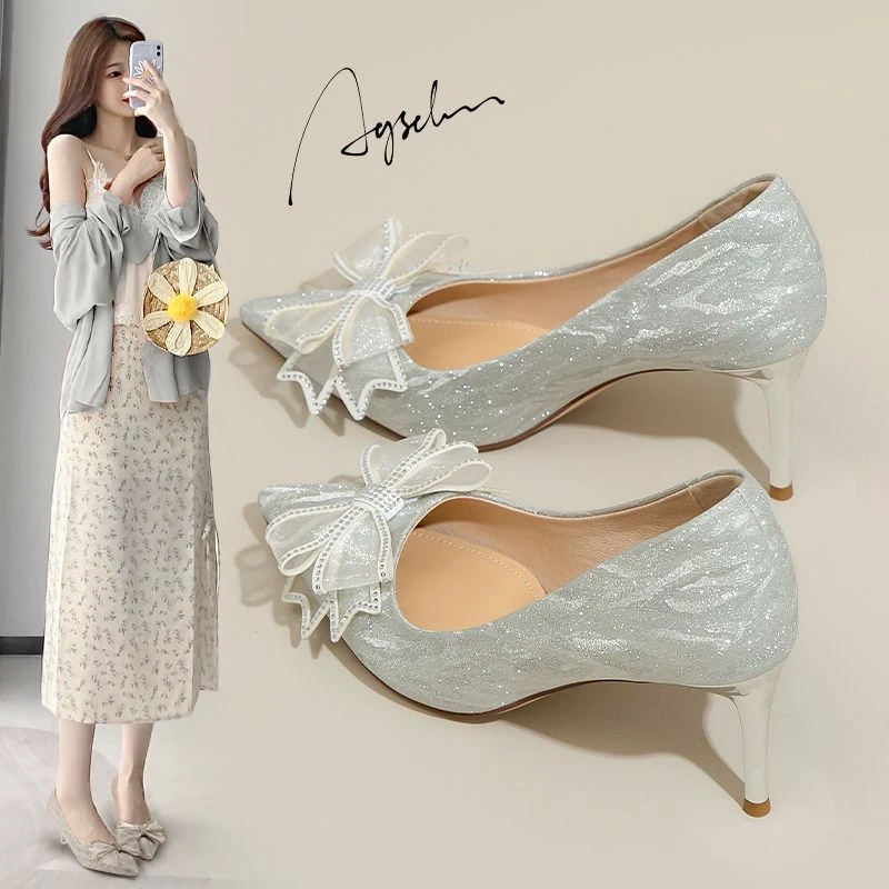 奥古狮登法式高跟鞋女2024新款尖头婚鞋仙女风新娘时尚气质单鞋子