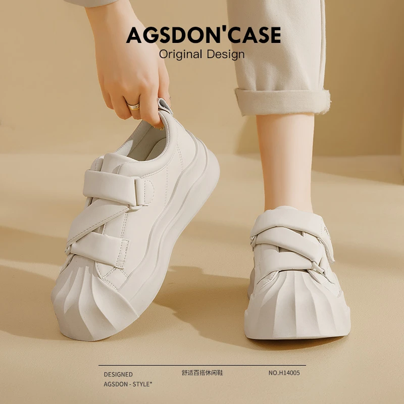 奥古狮登小白鞋女2024夏季新款增高厚底贝壳头魔术贴百搭休闲板鞋