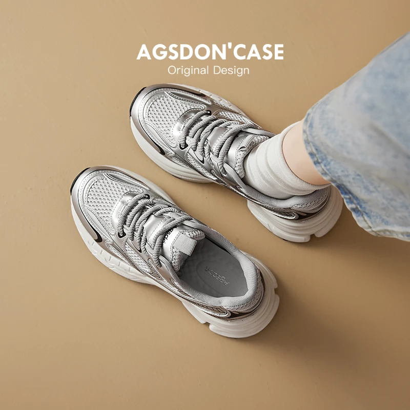 奥古狮登夏季女鞋2024新款银色老爹鞋透气厚底运动鞋休闲百搭增高