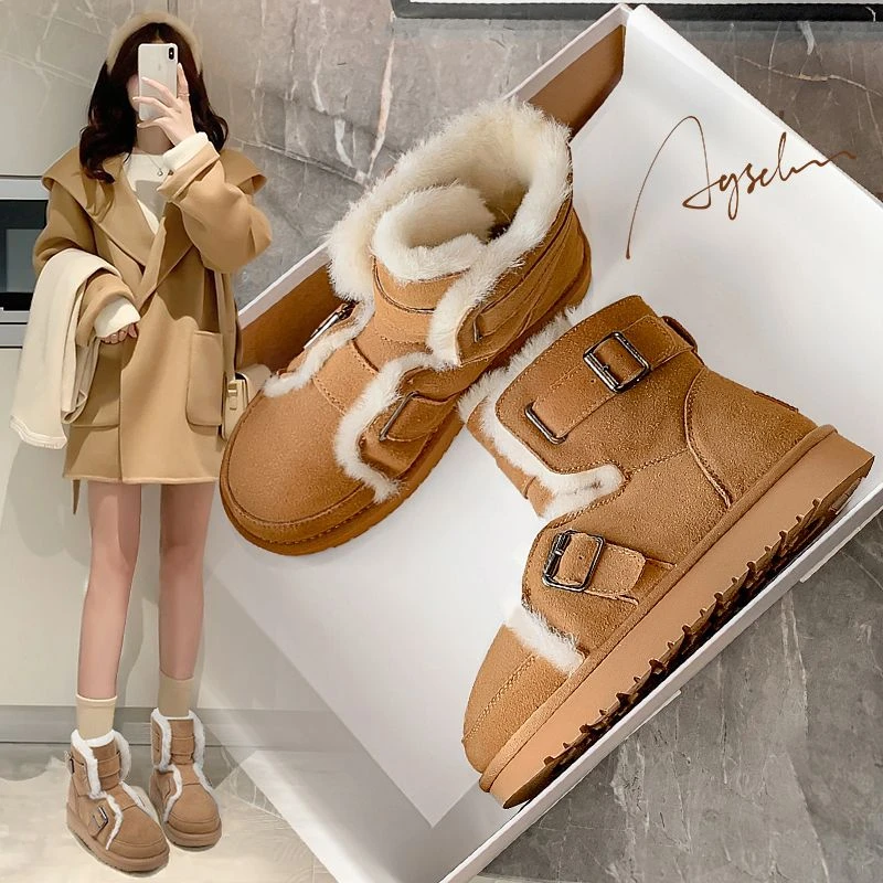 奥古狮登雪地靴女2023新款二棉鞋女学生加绒加厚高颜值百搭小短靴