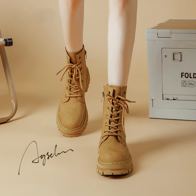 大黄马丁靴女冬2023新款百搭厚底小个子单靴踢不烂增高工装短靴B