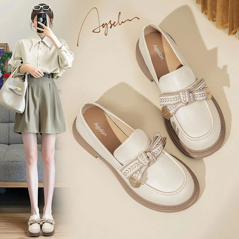 奥古狮登厚底乐福鞋女2023新款秋季黑色小皮鞋子学院风蝴蝶结单鞋