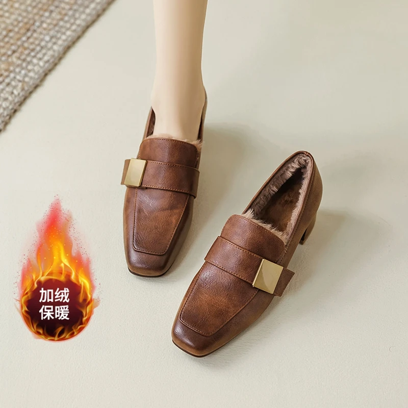 奥古狮登复古单鞋女2023新款爆款加绒气质粗跟方头通勤乐福鞋春秋