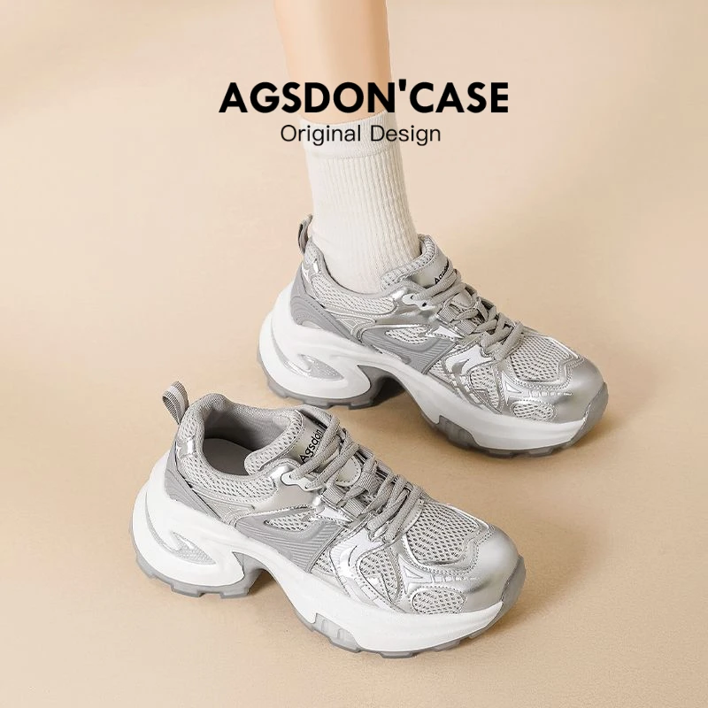 奥古狮登银色老爹鞋女款2024夏季网面透气厚底增高显脚小运动鞋爆