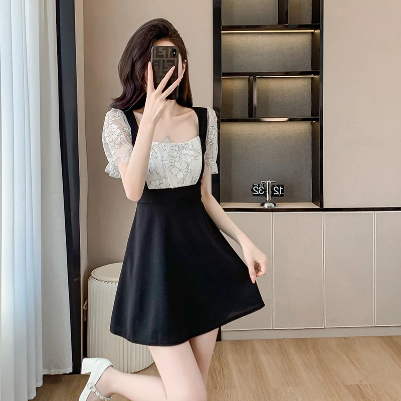 150cm145小个子显高方领连衣裙女夏季2024新款法式设计感气质短裙