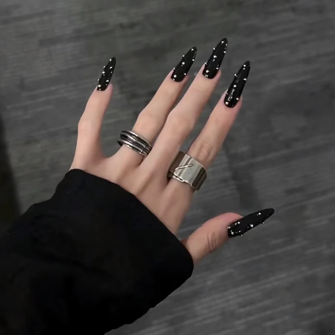 『黑钢珠』超酷超冷黑色钢珠长水滴美甲纯手工穿戴甲
