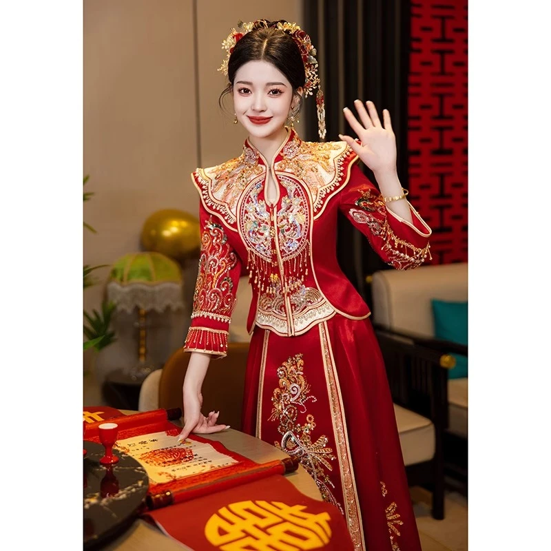 云肩秀禾服婚服2025新款新娘夏季结婚中式礼服敬酒服缎面重工嫁衣