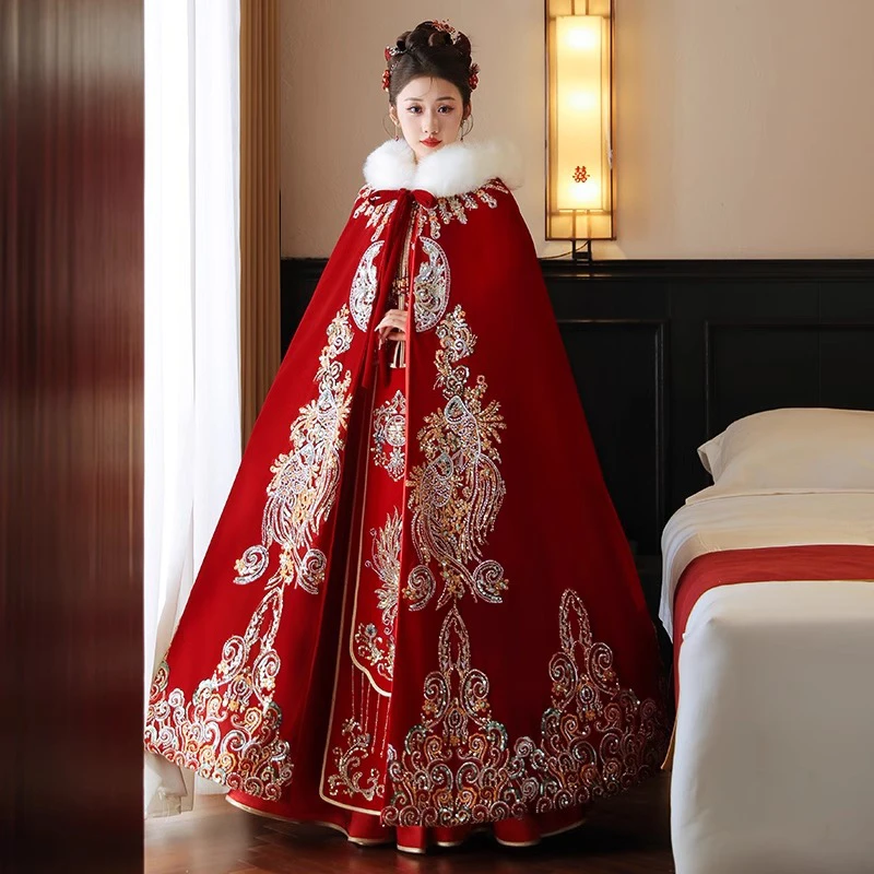 秀禾服披风2025新款新娘红色中式婚礼结婚毛披肩斗篷保暖加厚冬季