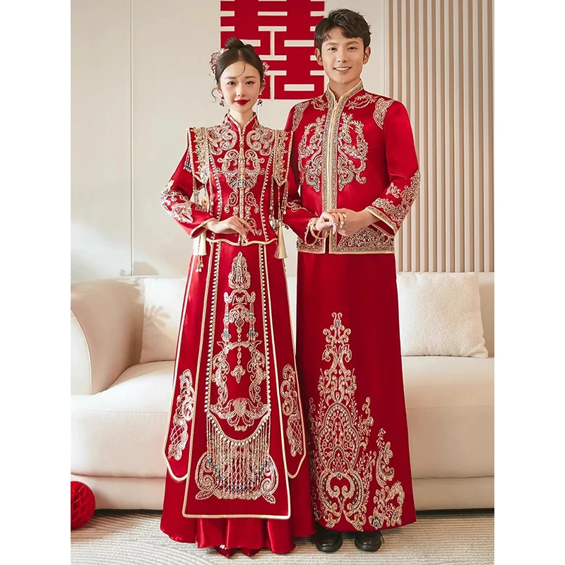 重工华丽缎面秀禾服新娘2024春夏新款结婚中式婚服显瘦龙凤褂嫁衣