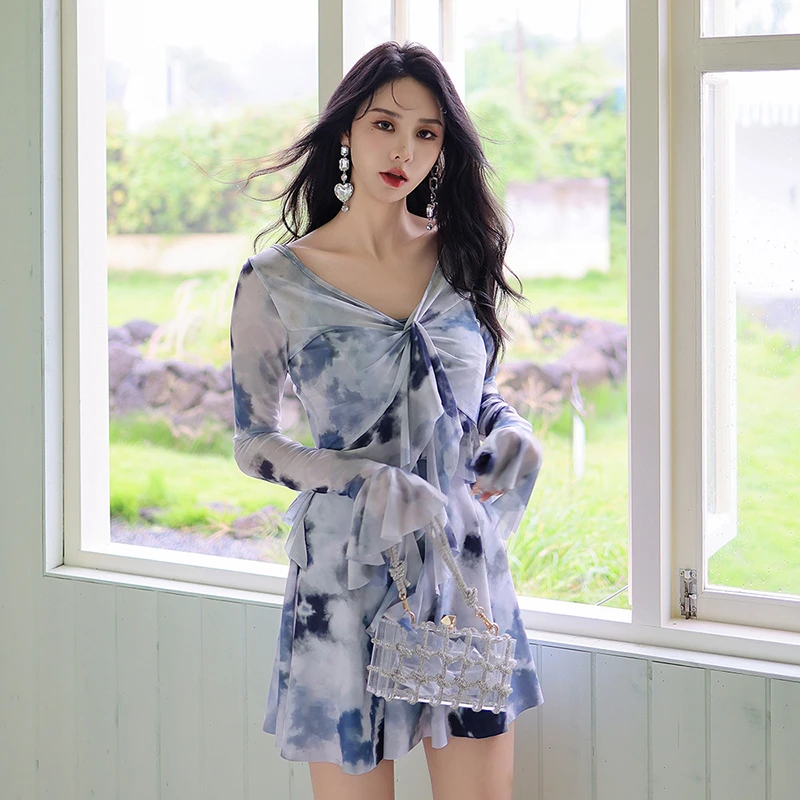 扎染法式大码泳衣女胖mm遮肚连体小众长袖显瘦裙式微胖女孩泡温泉