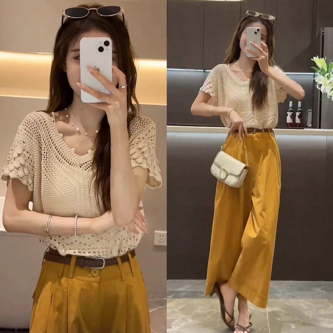 2025夏季时尚百搭v领薄款短袖针织衫上衣+高腰宽松阔腿裤九分裤女