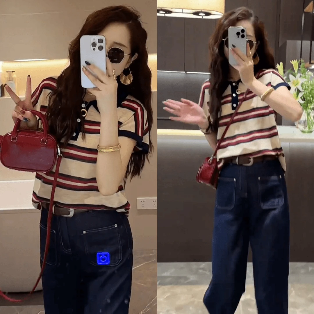 炸街小香风条纹短袖T恤套装女2025夏季新款减龄网红牛仔裤两件套