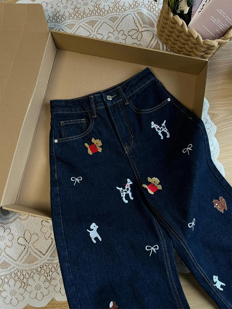 微胖mm设计感卡通小狗刺绣牛仔裤女早春百搭小众宽松垂感阔腿裤子