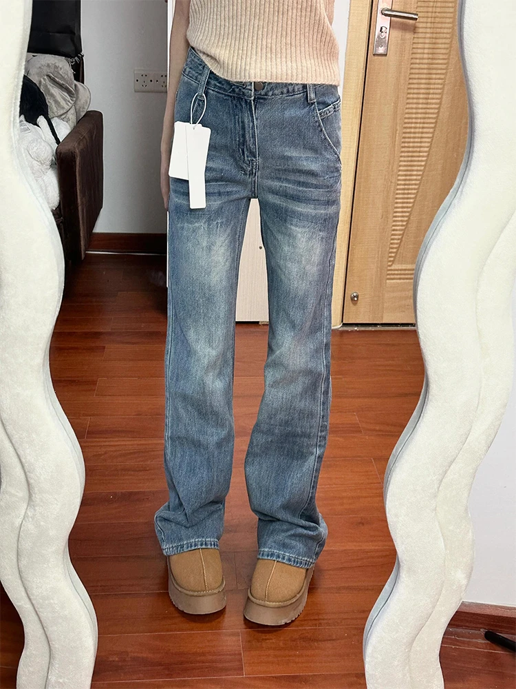 微胖mm美式复古宽松微喇牛仔裤女秋冬新款低腰百搭显瘦拖地直筒裤