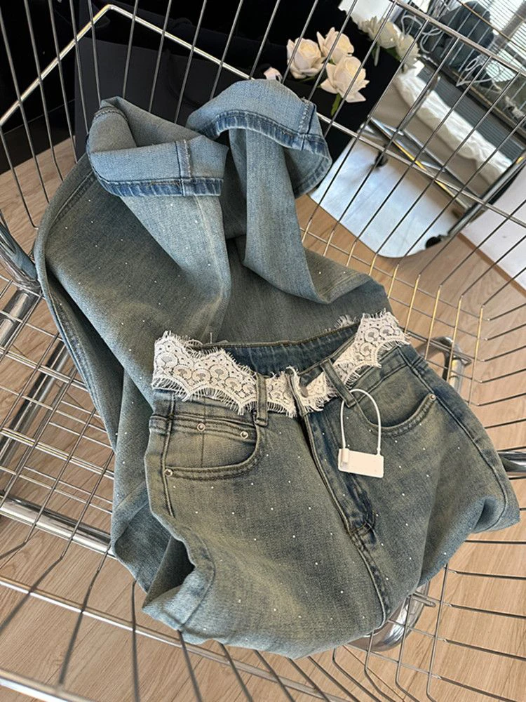 微胖mm复古秋季蕾丝腰烫钻牛仔裤女设计感小众直筒宽松破洞长裤子