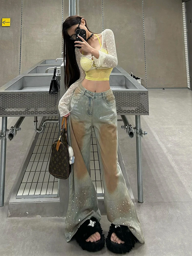 微胖mm高街重工设计感烫钻牛仔裤女夏季小众复古显瘦直筒拖地长裤