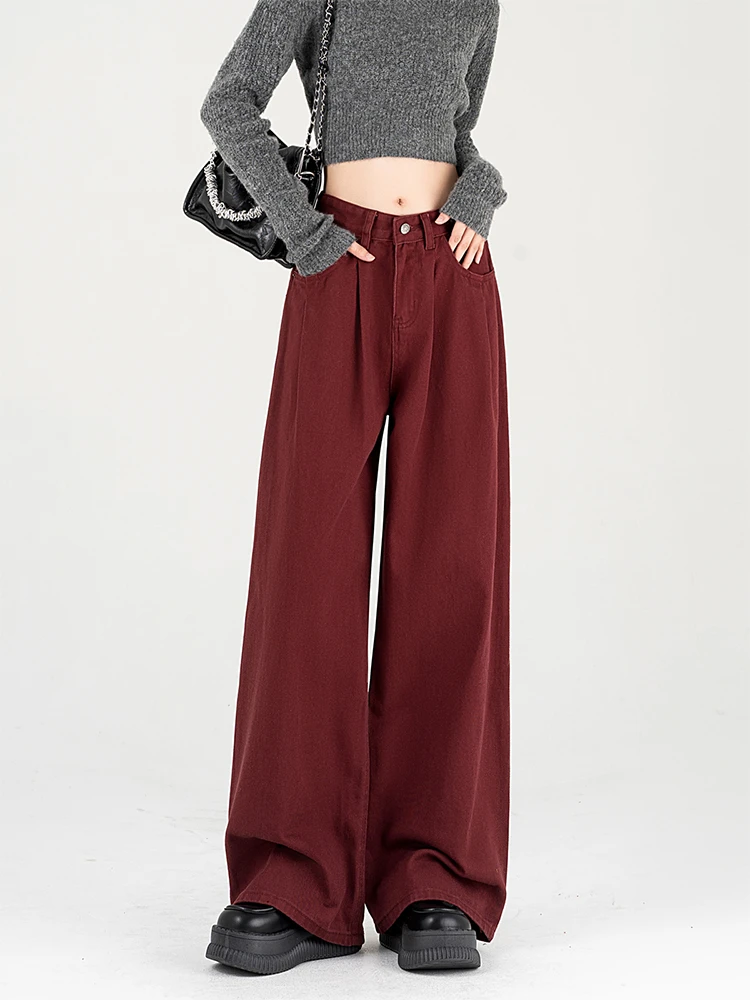 微胖mm砖红色高腰阔腿牛仔裤2024夏季新款直筒显瘦高级感拖地裤潮