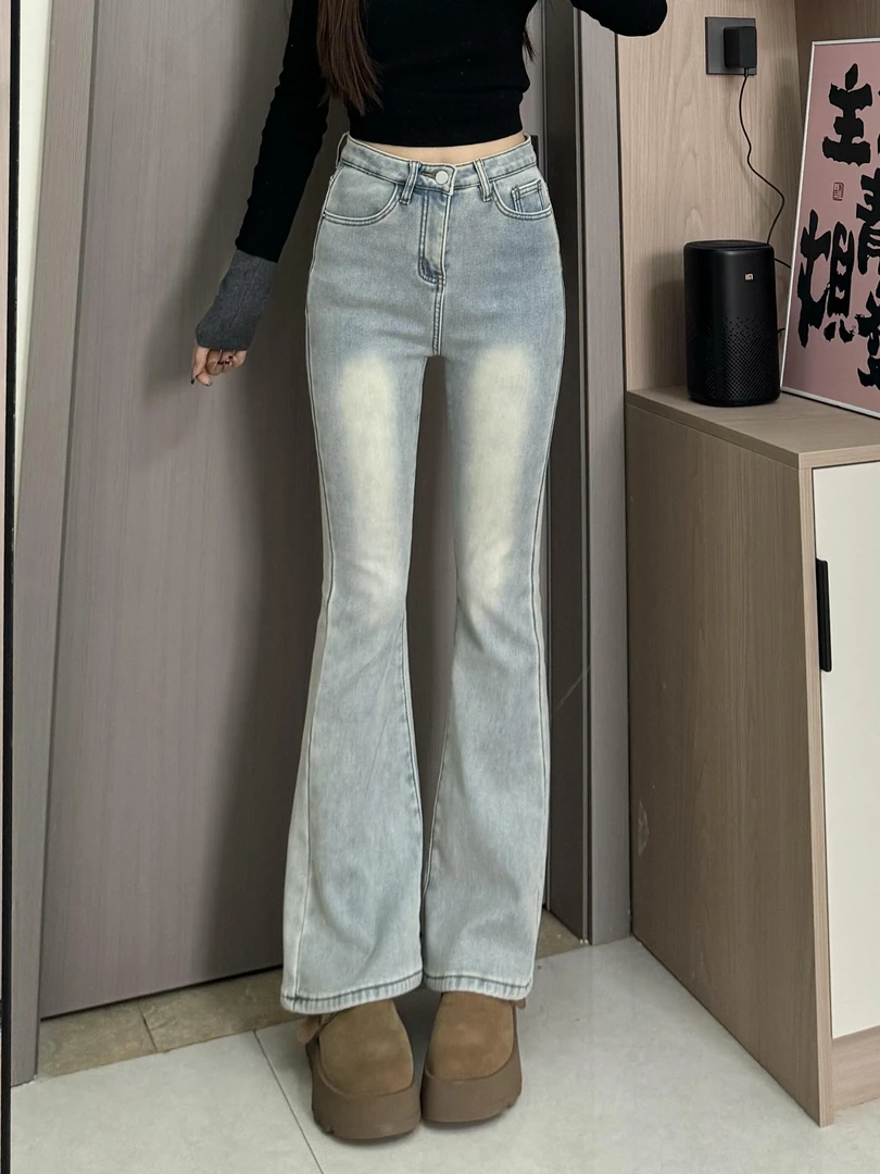 微胖mm设计感复古水洗垂感牛仔裤女秋冬新款辣妹显瘦拖地阔腿裤子