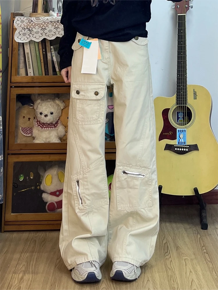 微胖mm美式多口袋工装微喇牛仔裤女2025春季新款显瘦拖地阔腿裤子