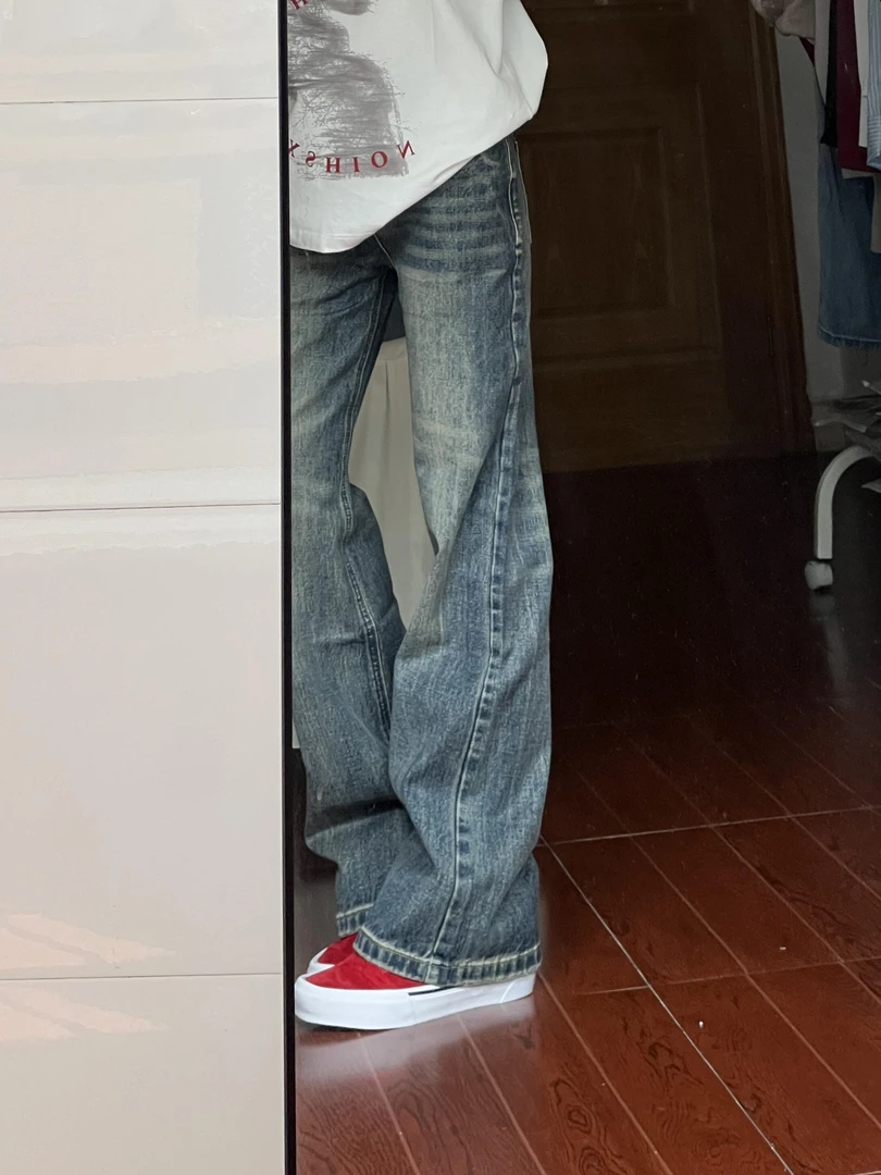 微胖mm美式复古水洗褶皱直筒牛仔裤女秋季新款高腰显瘦做旧阔腿裤