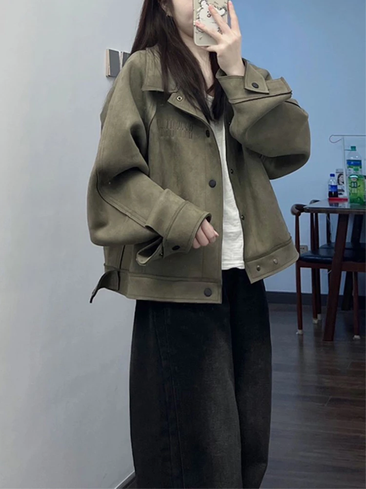 微胖mm美式军绿色皮衣外套女秋冬宽松飞行机车服正肩工装休闲夹克