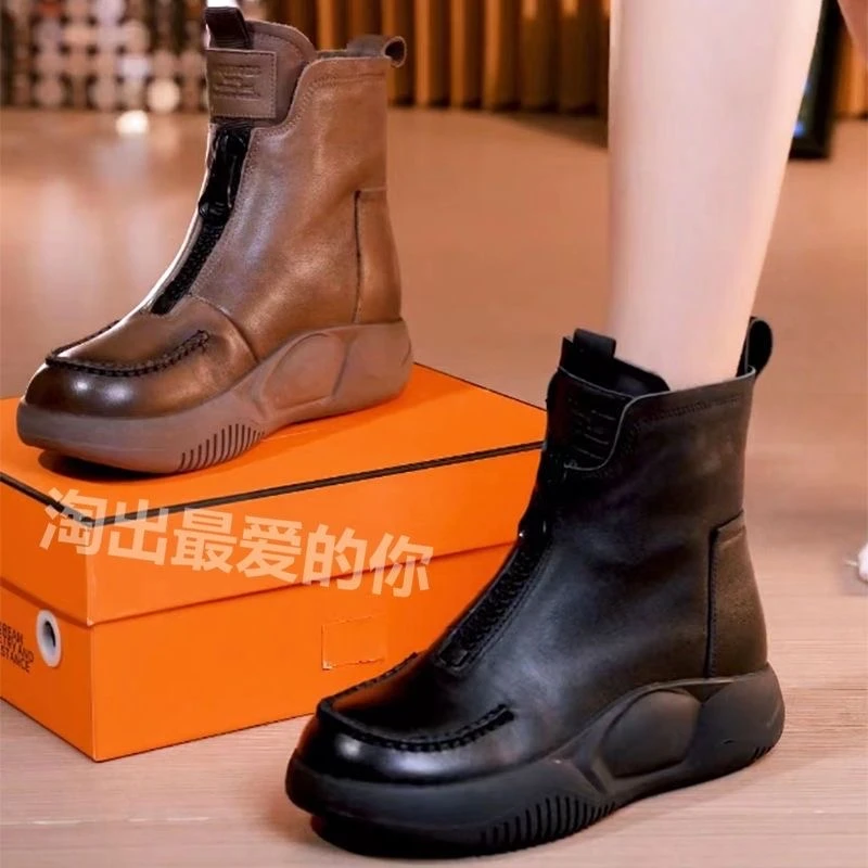 品牌厚底马丁靴女秋冬新款前拉链复古短靴松糕底加绒棉靴子