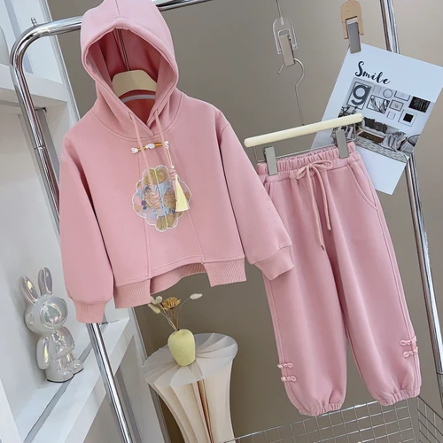 女童国风新中式重工刺绣盘扣连帽卫衣套装2024春秋女孩洋气两件套