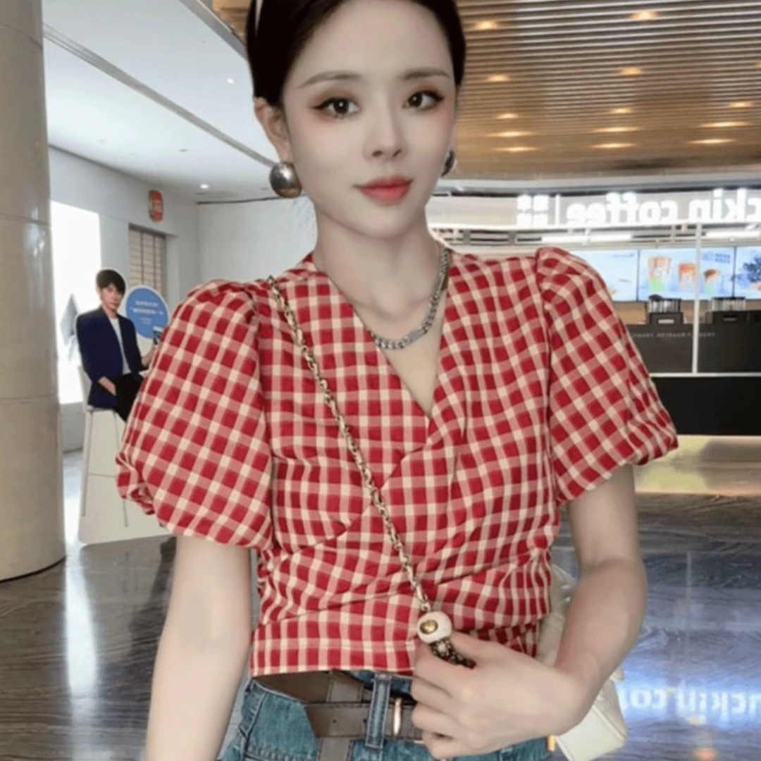 LIASYNN红色格子v领系带夏季小众设计感小衫收腰上衣泡泡袖衬衫女