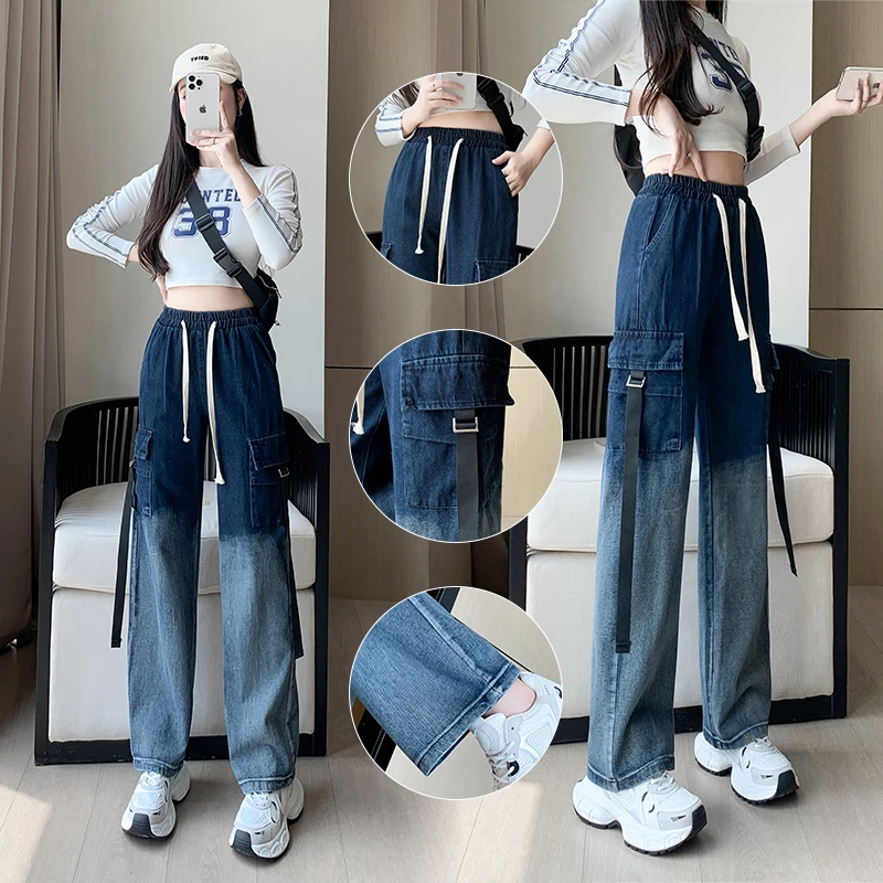 渐变工装牛仔裤女2025春秋款百搭时尚高腰显瘦宽松休闲阔腿牛仔