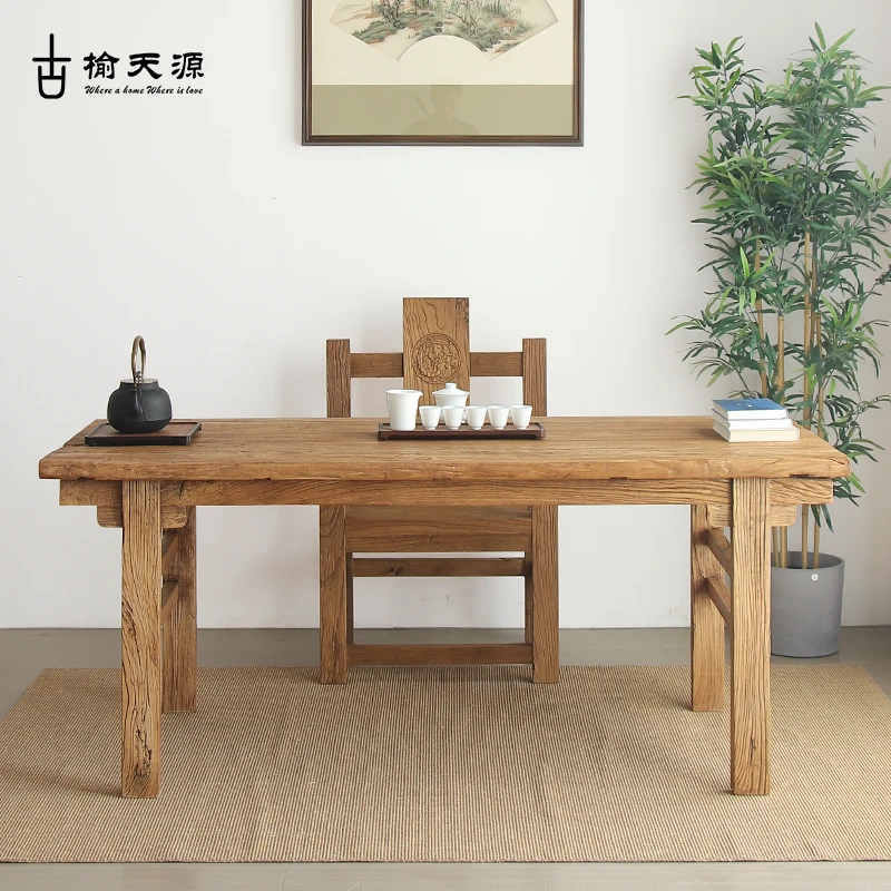 老榆木茶桌旧门板子茶几家用禅意茶台长条书桌原木办公室定制家具