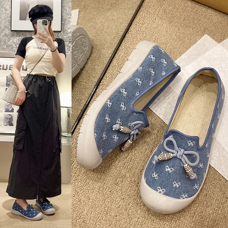 2024春秋新款老北京布鞋妈妈鞋舒适休闲一脚蹬蝴蝶结渔夫鞋女单鞋