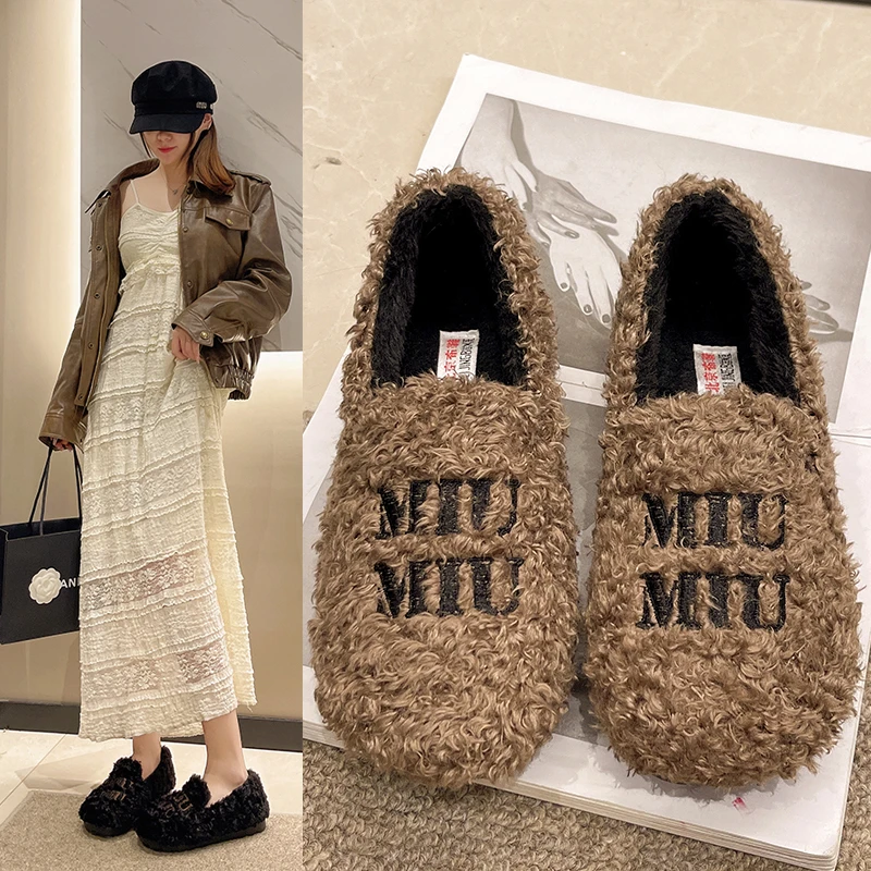 2024冬季新款毛毛鞋加绒加厚保暖一脚蹬豆豆鞋韩版时尚百搭女棉鞋