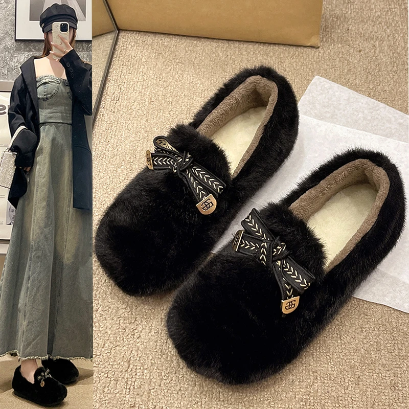 2024冬季新款韩版时尚百搭毛毛鞋加绒加厚保暖一脚蹬蝴蝶结豆豆鞋