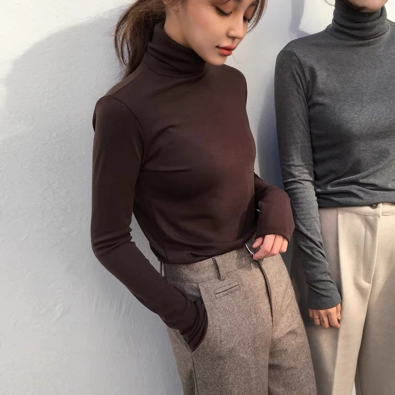 长袖T恤女秋冬款韩系简约百搭堆堆领纯色显瘦打底保暖修身高领衣