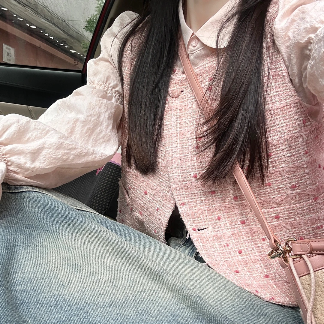 粉色提花衬衫女春法式复古泡泡袖牛仔裙娃娃领设计感小众上衣套装