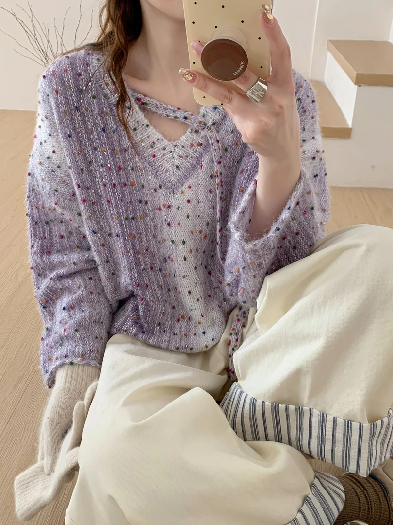 波点挎脖软糯毛茸V领针织衫秋冬新款超好看短款毛衣宽松减龄上衣