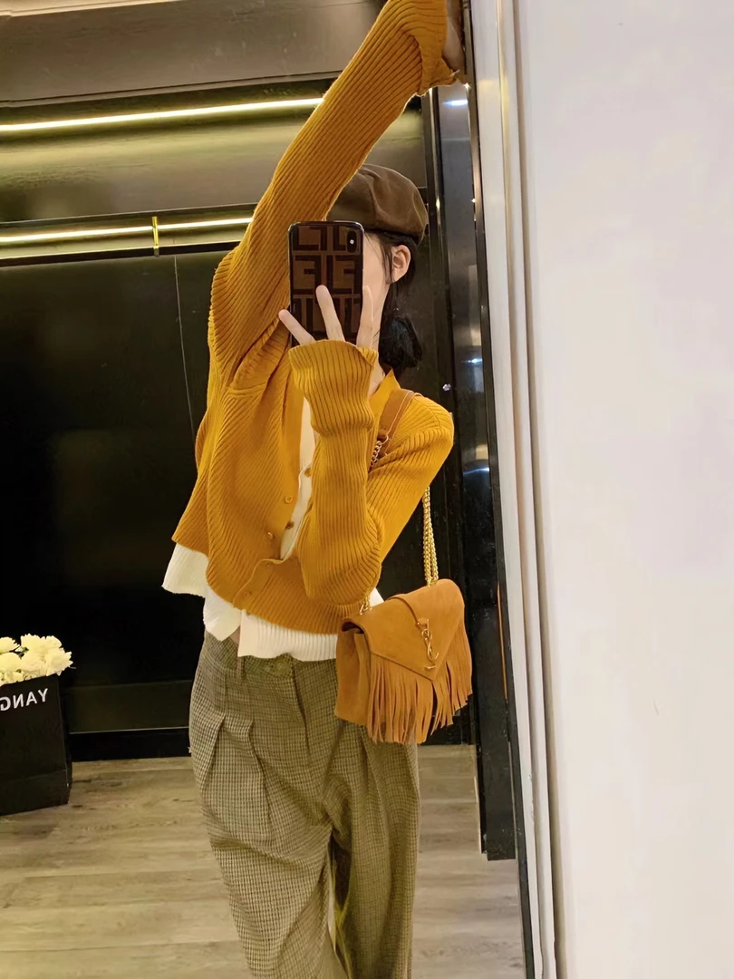 假两件针织开衫女春季小众设计感短款休闲长袖百搭上衣