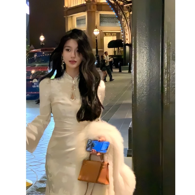 复古立领鱼尾新中式旗袍连衣裙女秋冬新款超好看气质修身收腰长裙