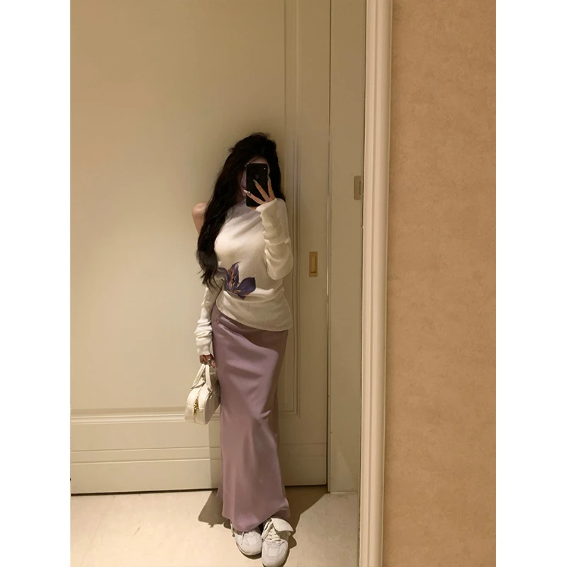 withmin白兔 温柔小紫 气质韩版缎面简约垂感显瘦半身裙2411196
