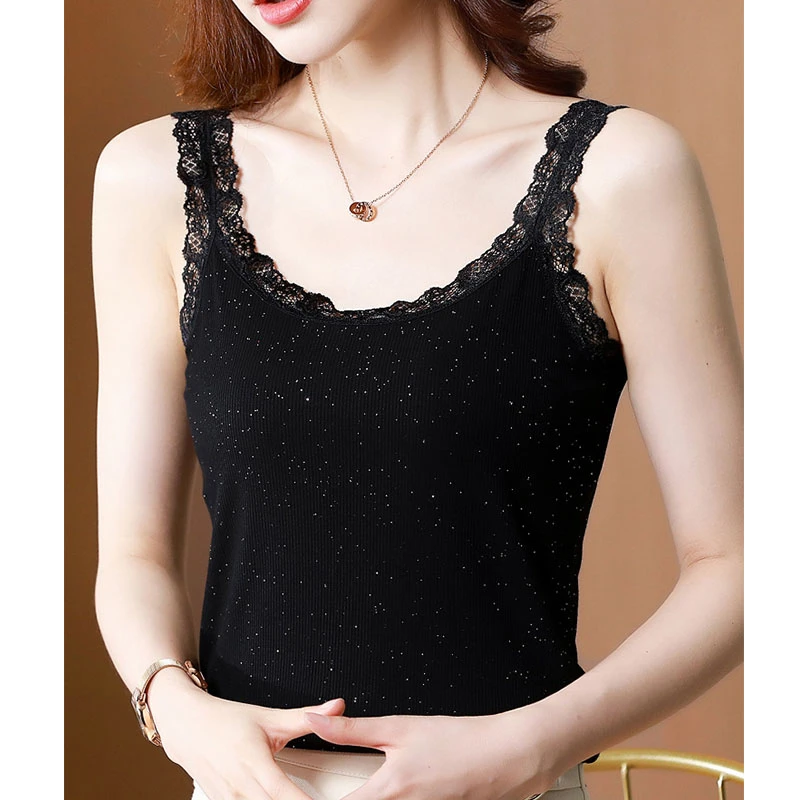 大码女装打底背心黑色胖女人春夏遮肚洋气显瘦弹力蕾丝吊带5345