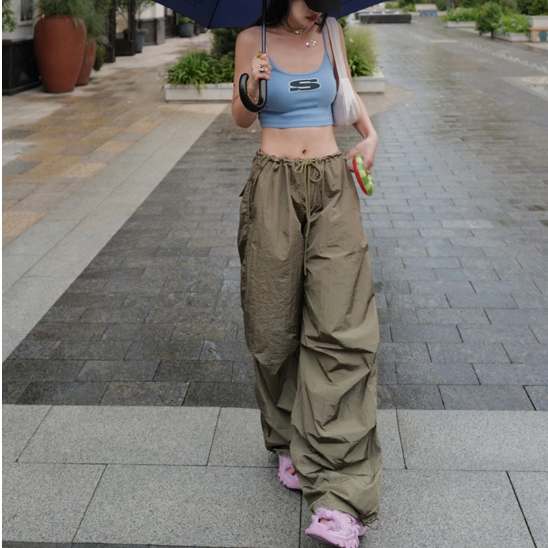 今年流行降落伞皱巴工装裤女rose款高个子175加长辣妹抽绳宽松薄