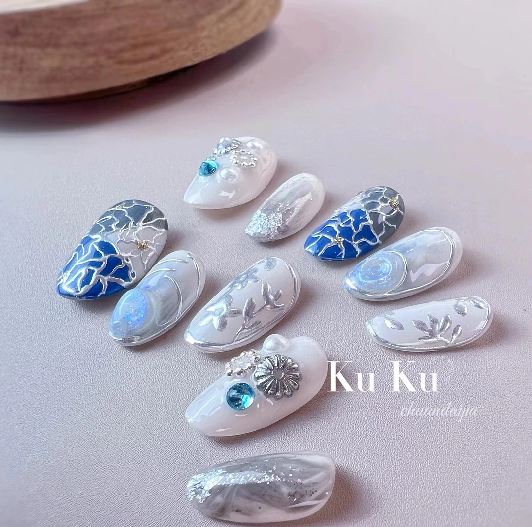 KUKU纯手工穿戴甲宫廷风系列流行经典高级蓝宝石显白可拆卸美甲66
