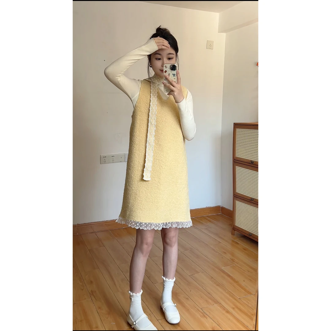 “我的小黄” 韩代冬日暖阳显白黄连衣裙套装