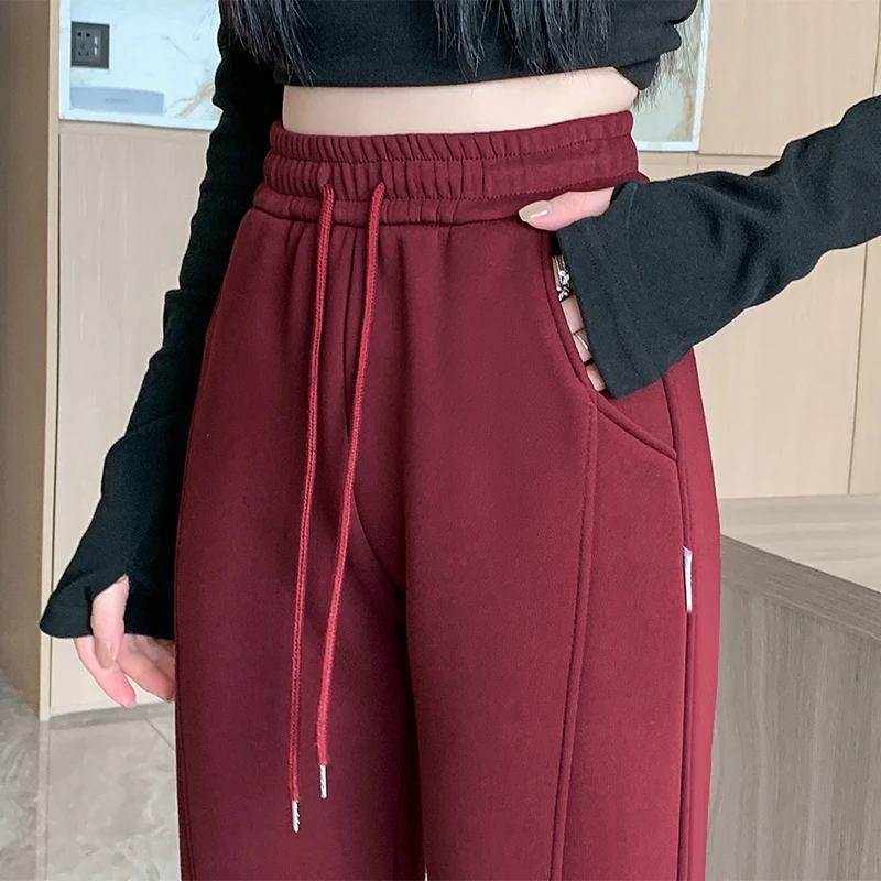 冬季运动裤女加绒加厚高腰显瘦休闲外穿束脚哈伦黑色弯刀裤卫裤子
